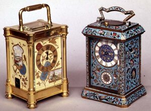 ساعتان عربة فرنسية بزخارف من المينا ، c.1870 بواسطة المدرسة الفرنسية