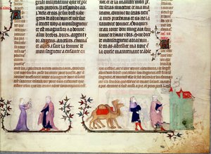 مشهدان من قصة ريبيكا في البئر ، من كتاب جان دي سي الكتاب المقدس 1355 بواسطة المدرسة الفرنسية