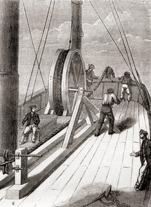 Unwinding the Dover to Calais submarine cable aboard the Blazer, 25 December 1851, from Les Merveilles de la Science, published c.1870 (engraving) بواسطة المدرسة الفرنسية