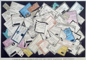قيمة التخصيصات والعملات الورقية الأخرى خلال الثورة الفرنسية. القرن ال 18. Musee Carnavalet ، باريس - قيمة أوراق السندات والعملات الأخرى في ظل الثورة الإنجليزية. نقش بواسطة المدرسة الفرنسية