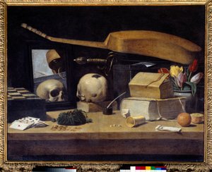 Vanitas Still Life (Vanite) مع أوراق اللعب والآلات والجمجمة. رسم المدرسة الفرنسية. القرن ال 17. الشمس 0،72x0،9 م بواسطة المدرسة الفرنسية