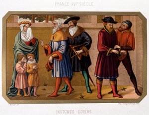 Various costumes of the bourgeoisie in the 16th century - chromo. 19th century based on period document بواسطة المدرسة الفرنسية