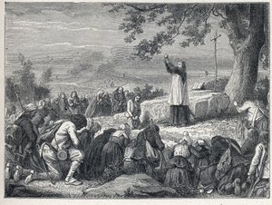 Vendee Wars (1793-1796): يُدرج الكاهن قداسًا تحت شجرة البلوط للسكان المتمردين الذين يرفضون الكهنة المحلفين. نقش من عام 1889. مجموعة خاصة. بواسطة المدرسة الفرنسية