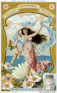 الزهرة توضح يوم الجمعة. بطاقة إعلان Liebig chromolithographic. بواسطة المدرسة الفرنسية