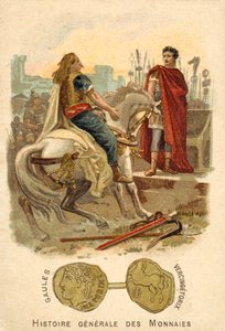 Vercingetorix submitting to Julius Caesar, 52 BC (chromolitho) بواسطة المدرسة الفرنسية