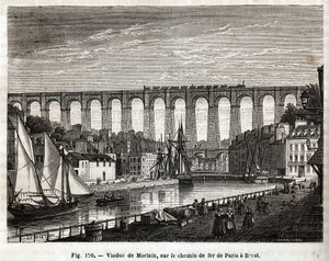 Viaduct de Morlaix ، على خط السكة الحديد من باريس إلى بريست (فرنسا). نقش ليبرتون ومارشاند ، في "" Les Merveilles de la Science "" للويس فيغير (1819-1894) ، إصدار Jouvet et Cie بواسطة المدرسة الفرنسية