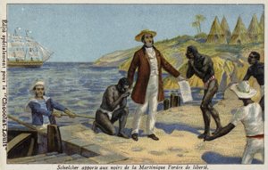 فيكتور شويلشر يجلب أخبار حريتهم إلى عبيد مارتينيك ، c1848 بواسطة المدرسة الفرنسية