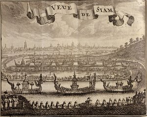 منظر لأيوثايا مع صنادل ملكية ، من رحلة سيام دي بيريس جيسويتس بقلم جاي تاكارد ، 1688 بواسطة المدرسة الفرنسية