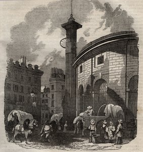 منظر هالي أو بلي في باريس (بني في 1763-1769) وعمود ميديشي ، نقش بداية القرن التاسع عشر - تبادل القمح والذرة في باريس (بني في 1763-1769) ، نقش أوائل القرن التاسع عشر - منظر هالي أوبل ، يقع في فندق de Sois الحالي بواسطة المدرسة الفرنسية