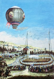 منظر لبرولتو في ليون والرحلة الثالثة لبالون الهواء الساخن مونتجوليفير في 10 يناير 1784 (نقش ملون) بواسطة المدرسة الفرنسية