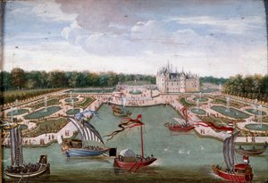 منظر لـ Chateau de Chantilly والأسرة مأخوذة من لوحة Vertugadin Anonymous من Ecole francaise. حوالي 1680. خافت. 0،26 × 0،34 م. شانتيلي ، متحف كوندي بواسطة المدرسة الفرنسية