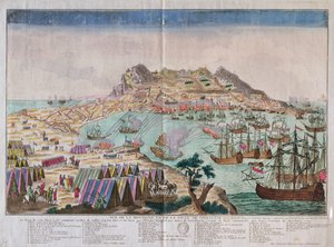 منظر للصخرة ومدينة جبل طارق خلال حصار عام 1779 بواسطة المدرسة الفرنسية