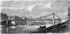 منظر لجسر القديس يوحنا على نهر التيبر (Tevere) في إيطاليا ، تم افتتاحه عام 1863. هذا الجسر الفولاذي صممه ألفونس أودري (1819-1869). نقش في "" Le Monde Illustré "" رقم 349 بتاريخ 19 ديسمبر 1863. بواسطة المدرسة الفرنسية