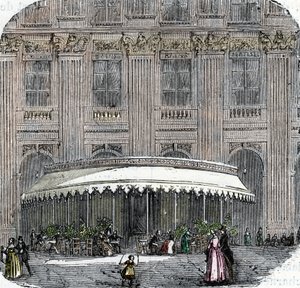 منظر لمقهى دو لا روتوند في القصر الملكي في باريس حوالي عام 1860 (نقش ملون) بواسطة المدرسة الفرنسية