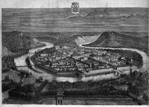 منظر لمدينة بيسانكون في دوبس. نقش من عام 1880 في المجموعة الخاصة "La republique illustree". بواسطة المدرسة الفرنسية