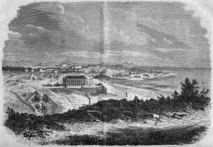 منظر لمدينة بياريتز ، Pyrenees Atlantic (64) عام 1858. نقش في "" Le Monde Illustré "" رقم 75 بتاريخ 18 سبتمبر 1858. بواسطة المدرسة الفرنسية