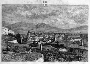 منظر لمدينة شامبيري في سافوي. نقش من عام 1880 في المجموعة الخاصة "La republique illustree". بواسطة المدرسة الفرنسية