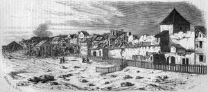 منظر لمقاطعة مدينة كاستريش ، في ماينز (ألمانيا) ، بعد انفجار برميل البارود عام 1857. من إحدى الصور الفوتوغرافية. نقش في "" Le Monde Illustré "" رقم 36 بتاريخ 19 ديسمبر 1857. بواسطة المدرسة الفرنسية