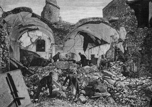 منظر لأطلال Chiese del Purgatorio ، التي دمرت خلال زلزال 1881 في جزيرة Ischia (إيطاليا). نقش كويسنيل في "" العالم المصور "" رقم 1254 بتاريخ 9 أبريل 1881. بواسطة المدرسة الفرنسية