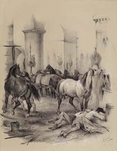 الفايكنج يستخدمون كاتدرائية شارلمان في آخن كإسطبل ، 882 (ليثو) بواسطة المدرسة الفرنسية