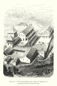 فيلا Merovingian من زمن Dagobert I ، إعادة بناء M Viollet-le-Duc (نقش) بواسطة المدرسة الفرنسية