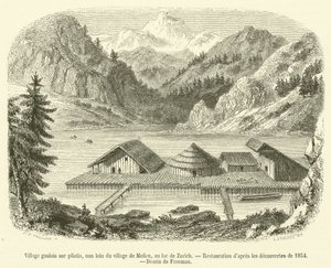 Village gaulois sur pilotis, non loin du village de Meilen, au lac de Zurich (engraving) بواسطة المدرسة الفرنسية