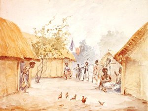 قرية في مدغشقر وقت احتلالها من قبل فرنسا في 1895-96 (ألوان مائية على ورق) بواسطة المدرسة الفرنسية