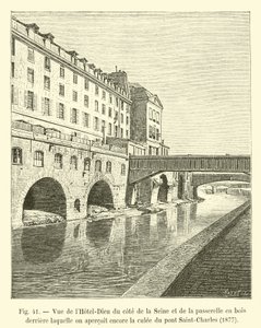 إطلالة على فندق Die-Dieu من جانب نهر السين والممر الخشبي الذي لا يزال بإمكانك من خلاله رؤية culee du pont Saint-Charles ، 1877 بواسطة المدرسة الفرنسية