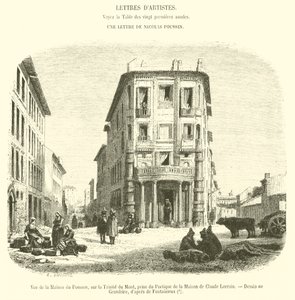 منظر لـ Maison du Poussin ، على Trinite du Mont ، مأخوذ من Portico of the House of Claude Lorrain (نقش) بواسطة المدرسة الفرنسية
