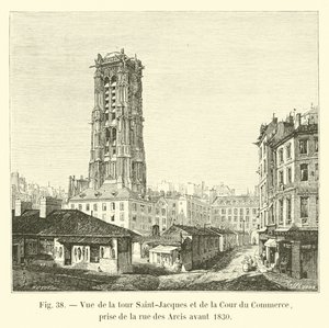 منظر لبرج سان جاك و Cour du Commerce ، مأخوذ من شارع des Arcis قبل عام 1830 بواسطة المدرسة الفرنسية