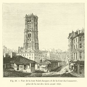 منظر لبرج سان جاك و Cour du Commerce ، مأخوذ من شارع des Arcis قبل عام 1830 بواسطة المدرسة الفرنسية