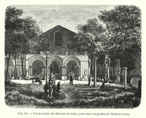 منظر لقصر Palais des Thermes de Paris ، تم التقاطه في حدائق فندق de Cluny (نقش) بواسطة المدرسة الفرنسية
