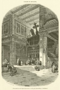 منظر داخلي لكنيسة القديسة مريم التي أسستها القديسة هيلانة في بيت لحم (نقش) بواسطة المدرسة الفرنسية