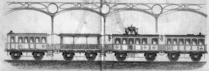 العربات التي شغلها الإمبراطور نابليون الثالث (1808-1873) أثناء رحلته من باريس إلى شيربورج عام 1858. نقش في "" Le Monde Illustré "" رقم 70 بتاريخ 14 أغسطس 1858. بواسطة المدرسة الفرنسية