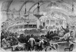 حرب 1870 - انتخابات تشريعية أثناء الهدنة - فبراير 1871: اجتماع انتخابي في Cabaret des Folies Bergeres في باريس لإعلان المرشحين للجمعية الوطنية. نقش في "" Le Monde Illustré "" رقم 722 بتاريخ 11 فبراير 187 بواسطة المدرسة الفرنسية