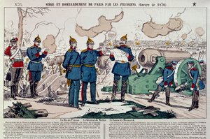 حرب عام 1870: حصار وقصف مدينة باريس من قبل البروسيين. الملك البروسي ويليام الأول (1797-1888) والجنرال مولتكه (1800-1891) والمستشار أوتو فون بسمارك (1815-1898). نقش من عام 1870. باريس، متحف كارنافاليه بواسطة المدرسة الفرنسية