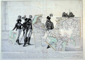 حروب الثورة: الجنرال نابليون بونابرت (1769-1821) يحمل خريطة إيطاليا (في وقت الحملة الإيطالية) لإكمال لغز الأراضي التي احتلتها فرنسا. على اليسار ، من المحتمل أن الجنرالات هوش وبيشيجرو وجان فيكتور (جان- بواسطة المدرسة الفرنسية