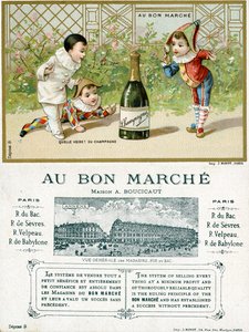 ما الحظ! زجاجة شمبانيا أمام وعكس بطاقة ترويجية لمتاجر Bon Marché في باريس ، c.1895 بواسطة المدرسة الفرنسية