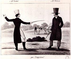 من سيفوز؟ مشهد المبارزة بين M. Cintre و M. Bolivar ، c.1820 بواسطة المدرسة الفرنسية
