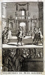 الحياة البرية والشخصيات على خشبة المسرح مع الجمهور - في "The Works of M. de Molière" " بواسطة المدرسة الفرنسية