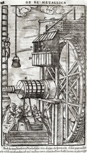 ونش للحصول على الماء من منجم ، رسم توضيحي من De Re Metallica بواسطة جورج باور (1494-1566) المعروف باسم أجريكولا ، 1561 بواسطة المدرسة الفرنسية