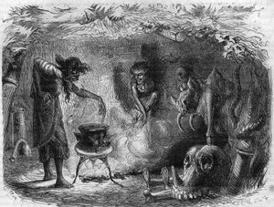 ممارسة السحر: ساحرة حول مرجل يصنعون جرعات سحرية وفرزاً. نقش في "Histoire des Papes-Rois-Queen و Empereurs a travers les years" بقلم موريس لاشاتر بواسطة المدرسة الفرنسية