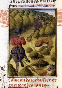 Wolf Hunt- in “” Hunting Book of Gaston Phoebus, Count of Foix, Lord of Béarn”” بواسطة المدرسة الفرنسية