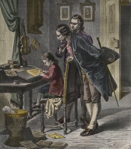 فولفغانغ أماديوس موزارت يكتب كونشيرتو في حضور والده ليوبولد ، رسم توضيحي من "La Musique Populaire" بواسطة المدرسة الفرنسية