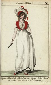قبعة امرأة في ليسبث على طراز عام 1798 (نقش على لوح نحاسي ملون يدويًا) بواسطة المدرسة الفرنسية