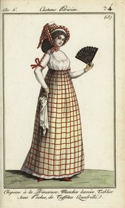 امرأة ترتدي أزياء قبعة Primerose لعام 1798 (نقش على لوح نحاسي ملون يدويًا) بواسطة المدرسة الفرنسية