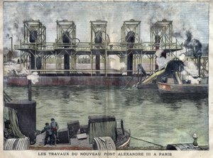 يعمل في باريس على جسر الإسكندر الثالث. نقش أبريل 1898 في "لا صغيرتي جيروند" ". بواسطة المدرسة الفرنسية
