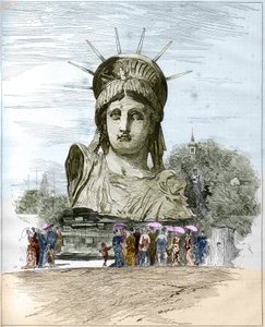 المعرض العالمي 1878 في باريس: رأس تمثال الحرية لفريدريك أوغست بارتولدي (1834-1904). نقش إدجارد مورين في "" العالم المصور "" رقم 1111 بتاريخ 13 يوليو 1878. بواسطة المدرسة الفرنسية