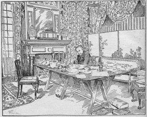 الكاتبة الكسندرا دوماس جونيور (1824-1895) في خزانة عمله. نقش في "La gazette du dimanche" بتاريخ ١٢ ديسمبر ١٨٩٥. بواسطة المدرسة الفرنسية