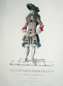 الفارس الشاب من وسام فرسان مالطا عام 1678 ، رسم توضيحي من "مجموعة جميع أزياء الرتب الدينية والعسكرية" بواسطة المدرسة الفرنسية